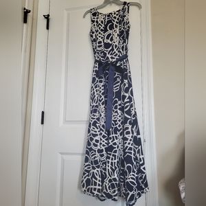Haani Long Ribbon Belted Dress in Blue and White.